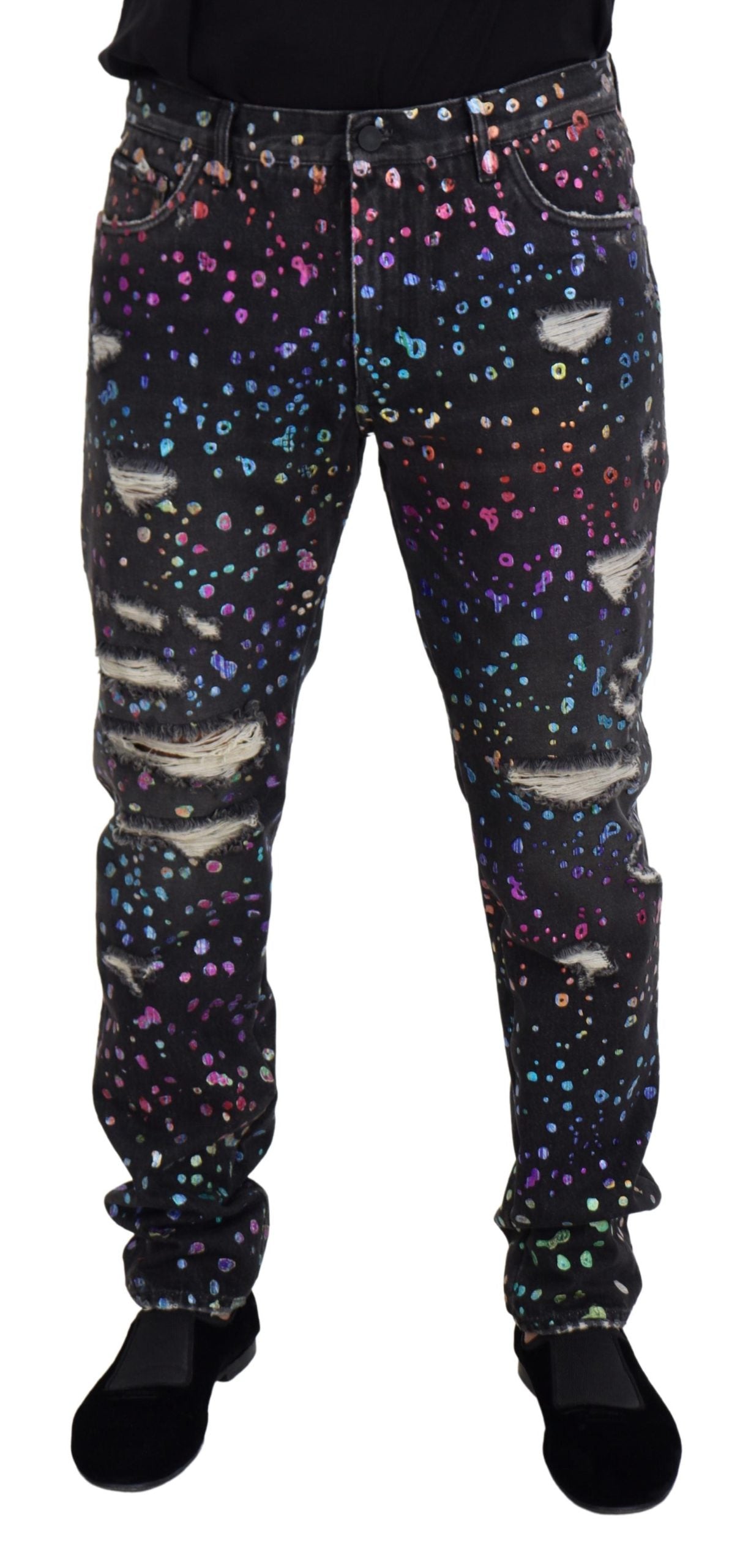 Multicolor Print Distressed Jeans — Black