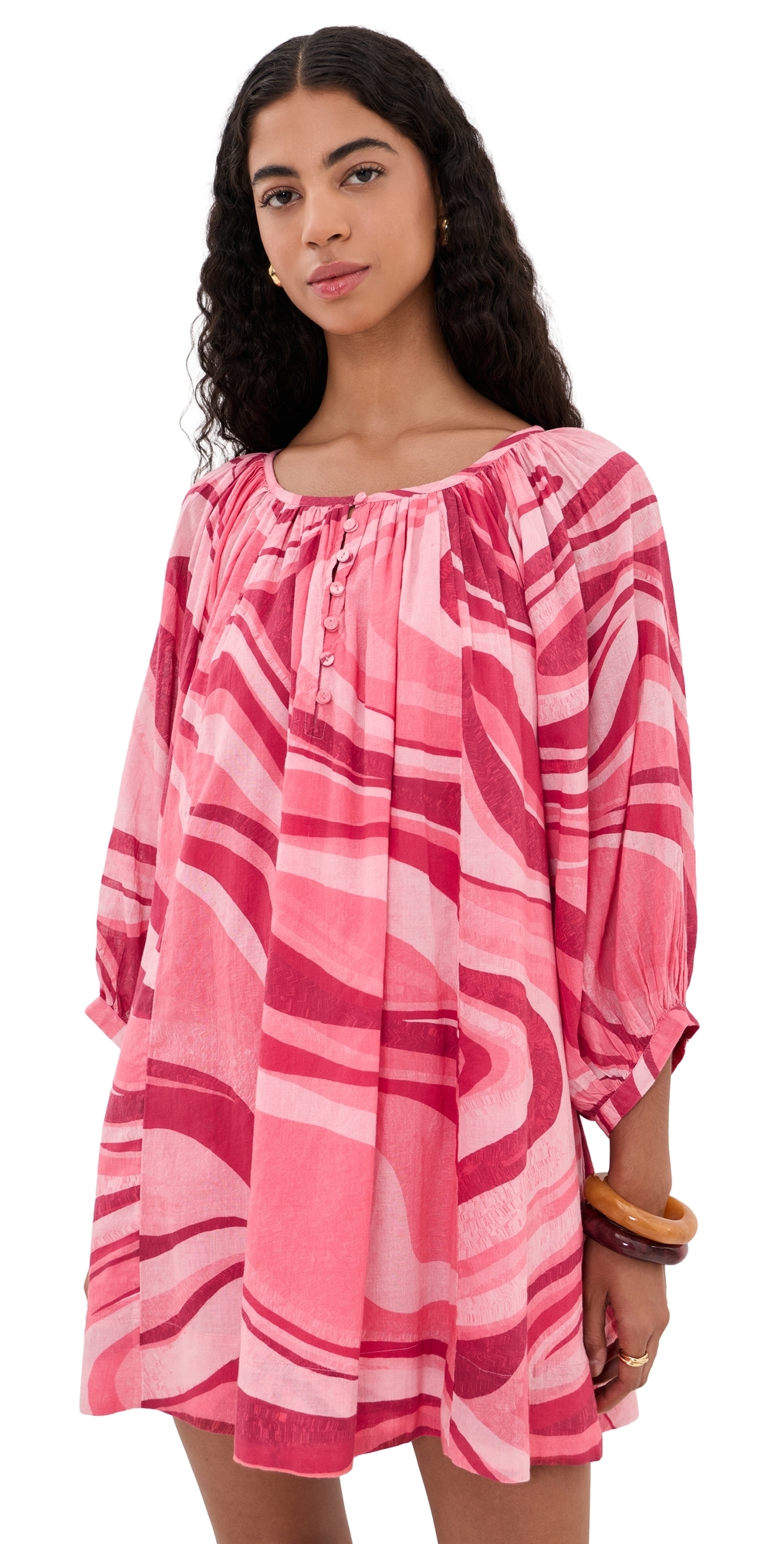 Shirred Half Placket Mini Dress Sunrays Sunset Waves One Size