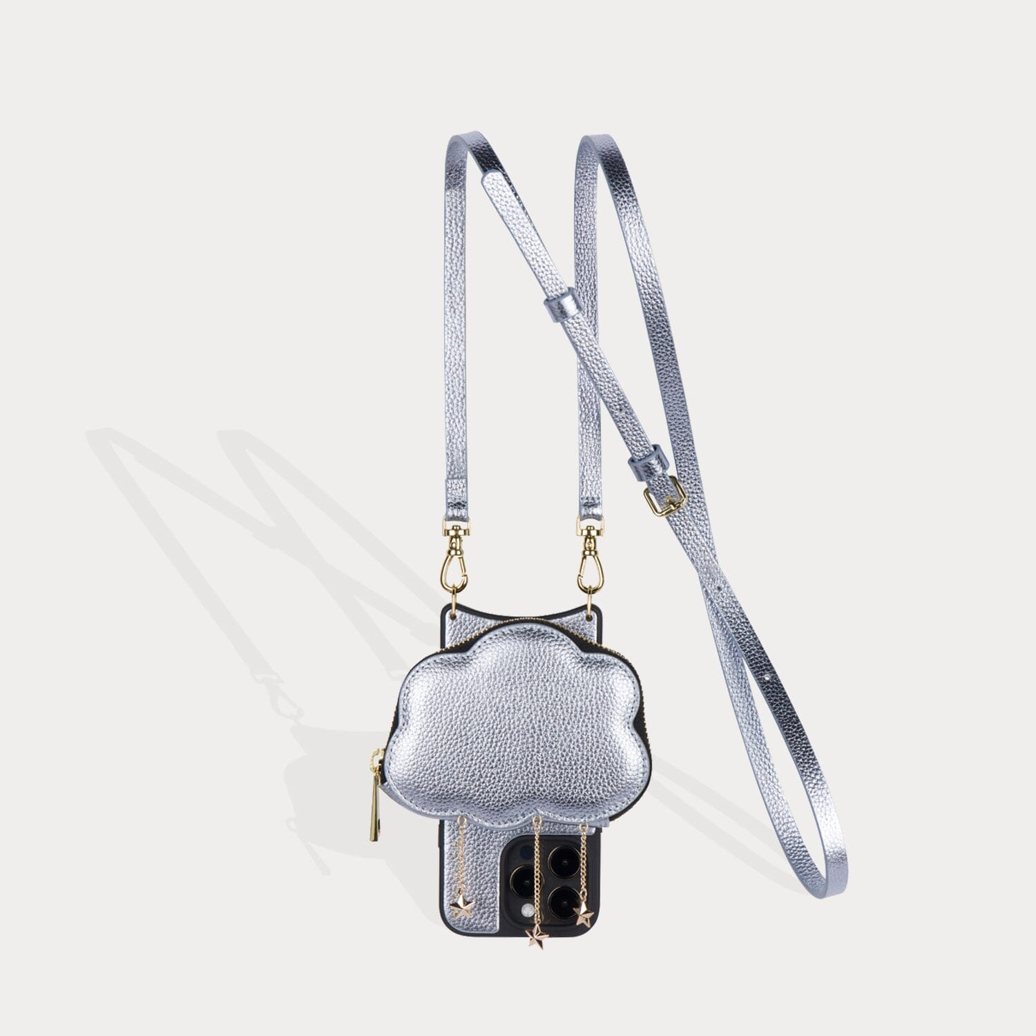 Willa Cloud Crossbody Bandolier in Metallic Powder Blue/Gold | iPhone 14 Regular | Genuine Leather |