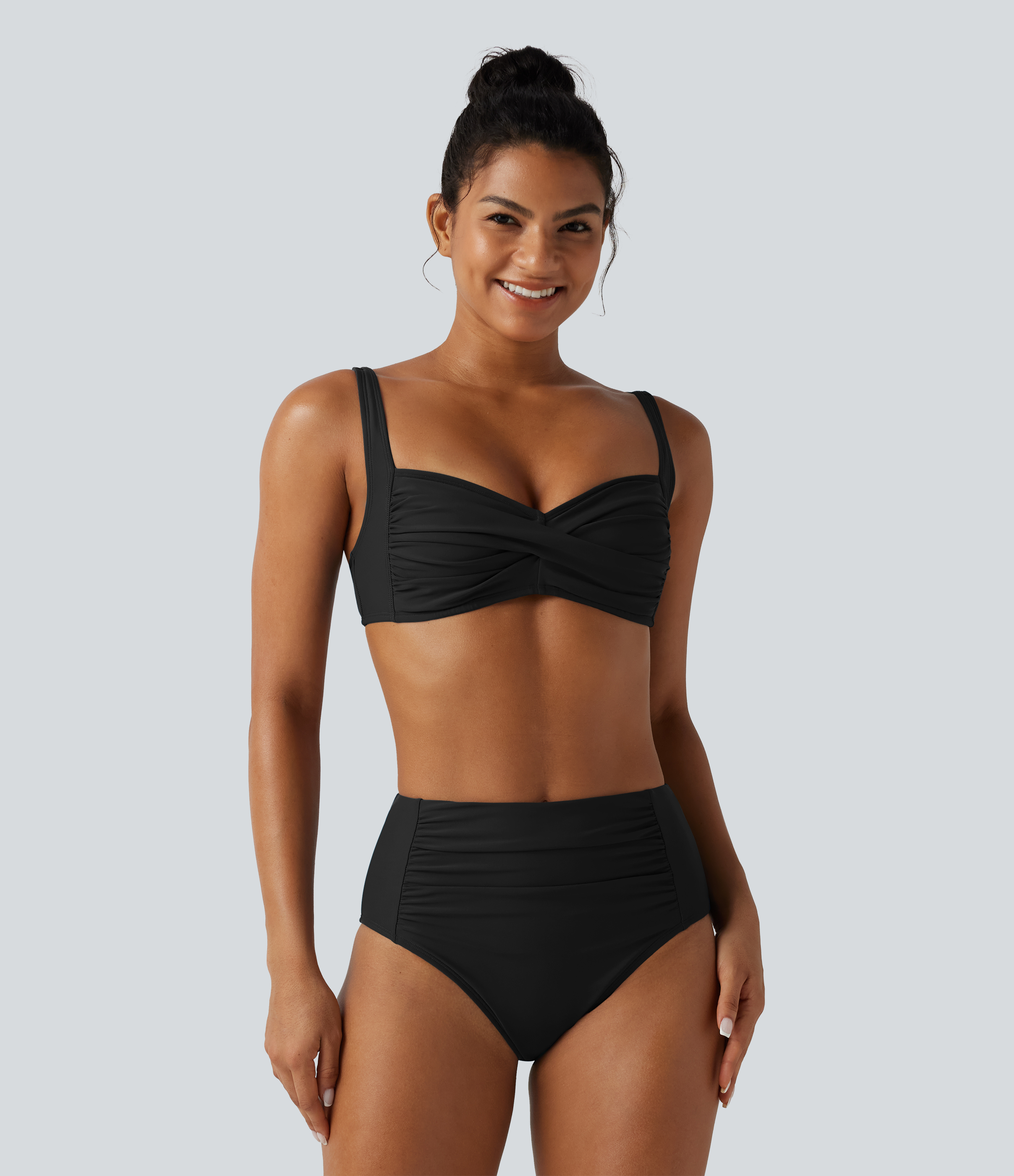 Adjustable Straps Twisted Ruched Built-in Bra Push-Up Tummy Control Bikini Set  - Black
