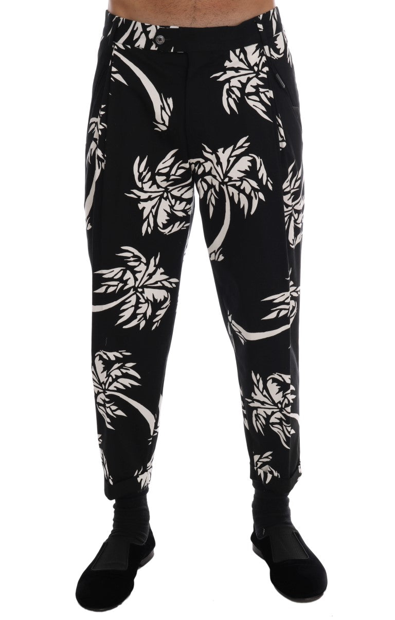 Tree-Print Cotton Stretch Trousers — Black