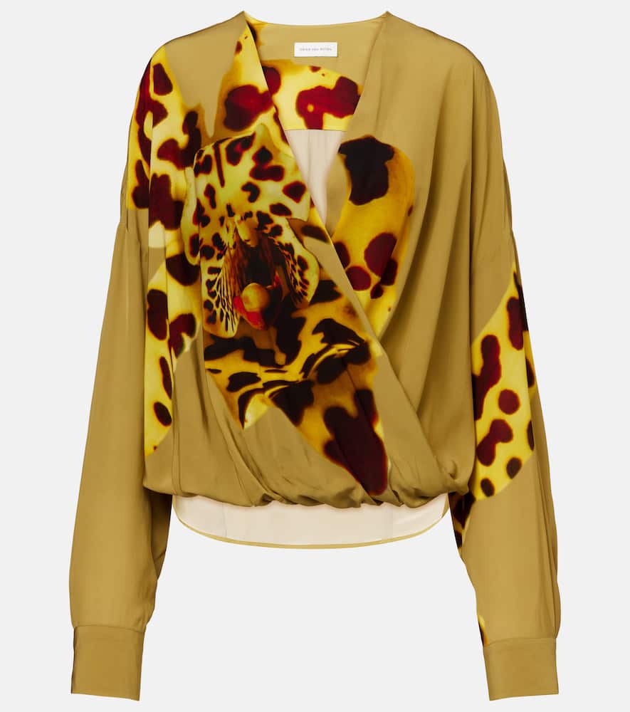 Printed draped satin blouse