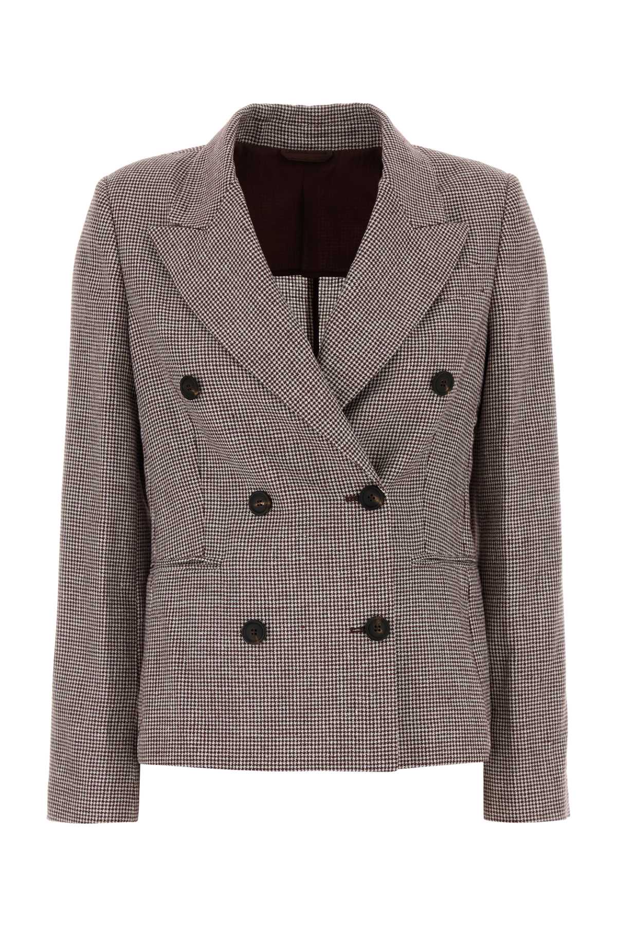 Linen-Blend Houndstooth Blazer — Brown