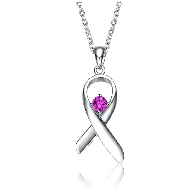 Teens/Young Adults White Gold Plated Purple Stone in Ribbon Pendant Necklace