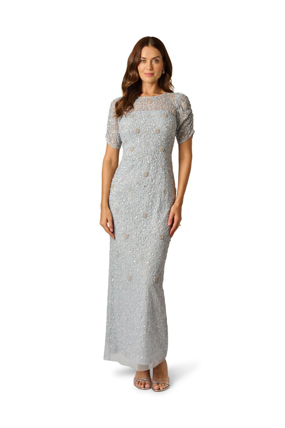 Adrianna Papell Women's Elbow Sleeve Bead Dress in Light Blue