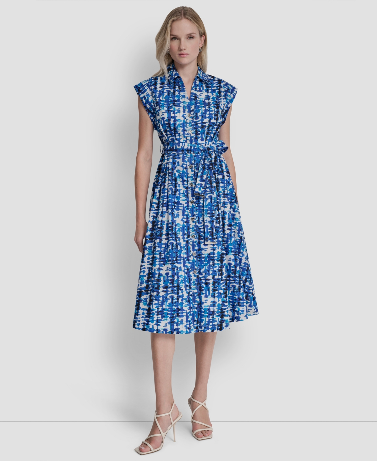 Women's Extended Button-Front Collared Cotton Midi Dress - Atlantic Multi