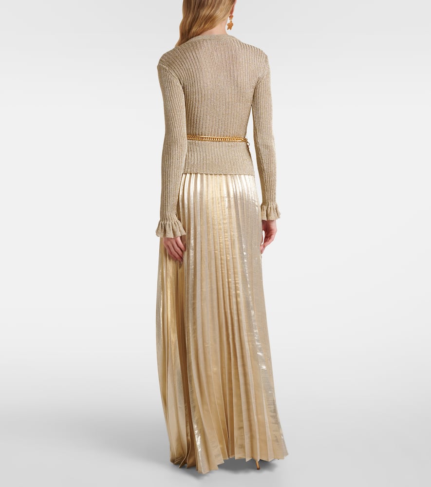 Ribbed-knit lamé plissé maxi dress