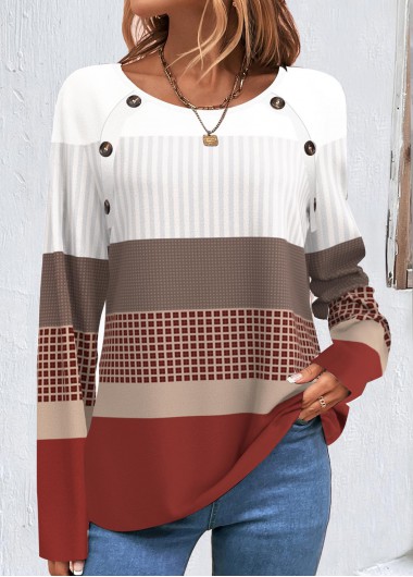Modlily Wine Red Patchwork Geometric Print Long Sleeve Sweatshirt