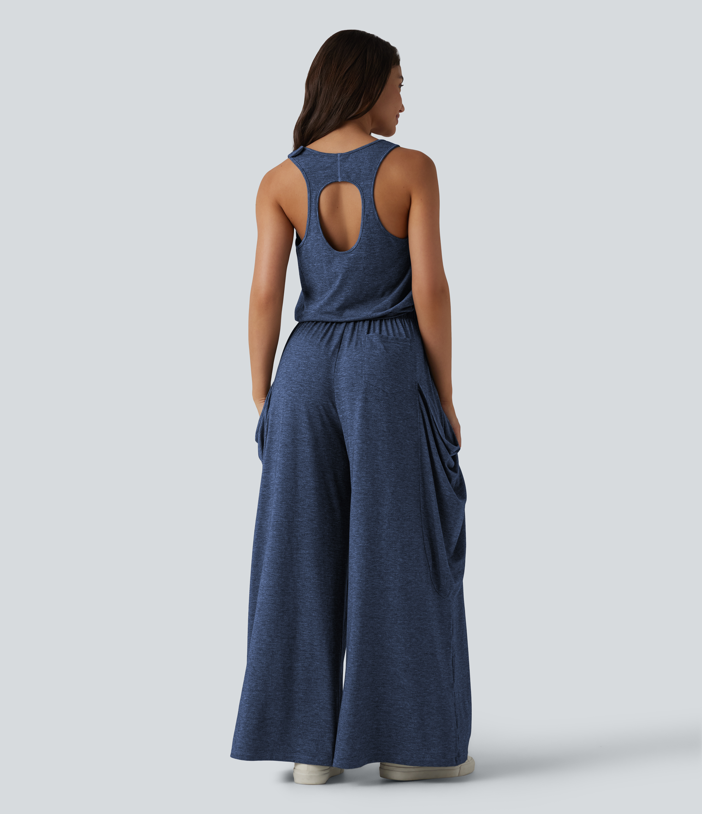 Sleeveless Cut Out Wide Leg Casual Jumpsuit with Pockets-Easy Peezy Edition  - Mottled Indigo