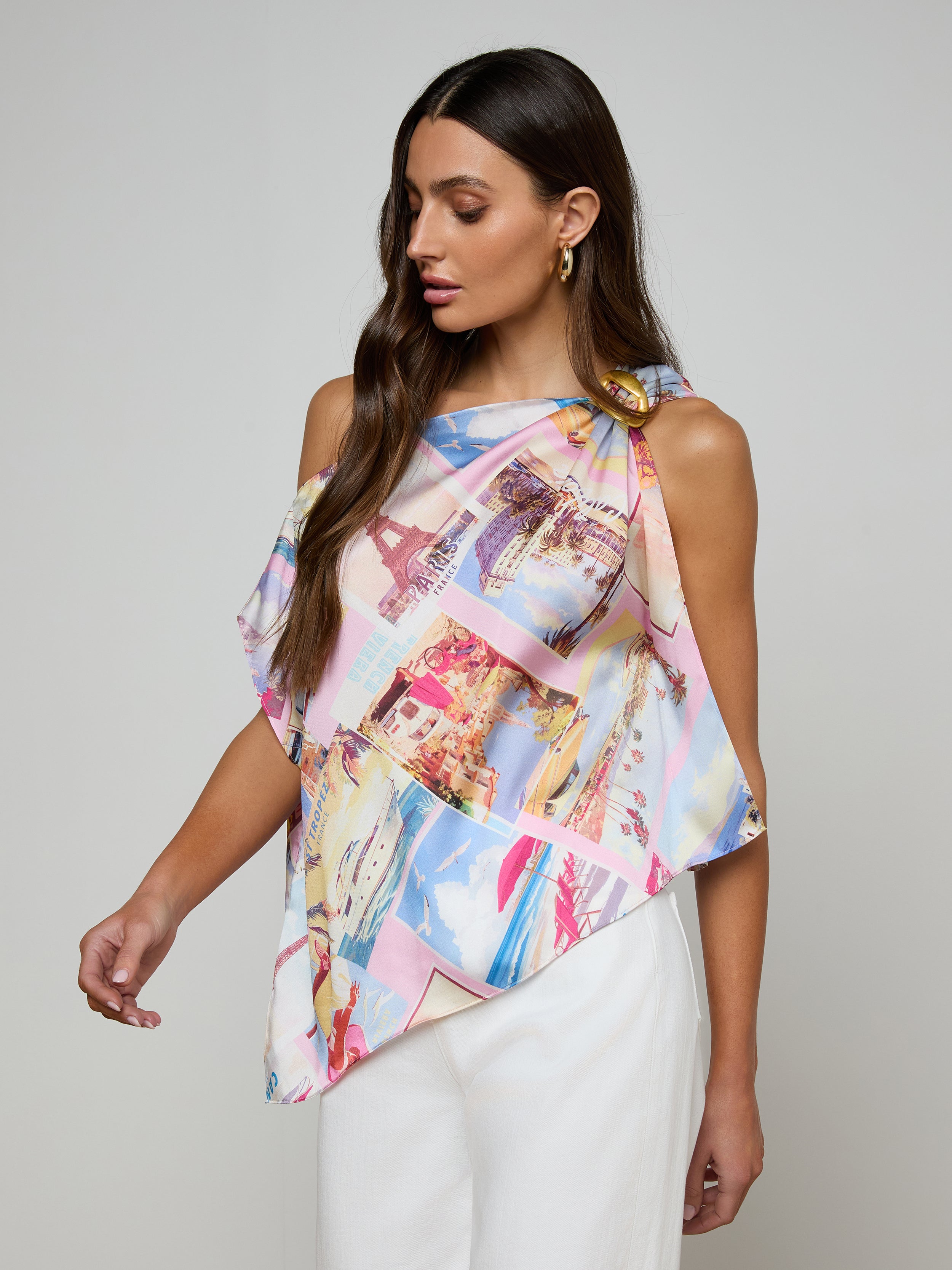 Driselle Scarf Top In Light Pink Multi Large Postcard Print