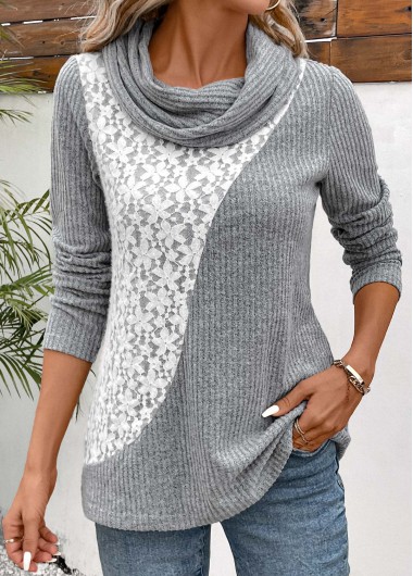 Modlily Light Grey Patchwork Long Sleeve Cowl Neck Sweatshirt