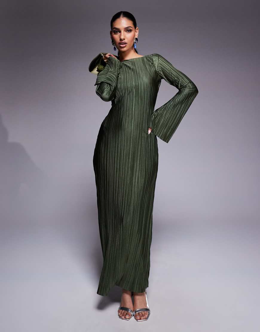 ASOS DESIGN low back plisse maxi dress with angel sleeves in soft khaki-Green