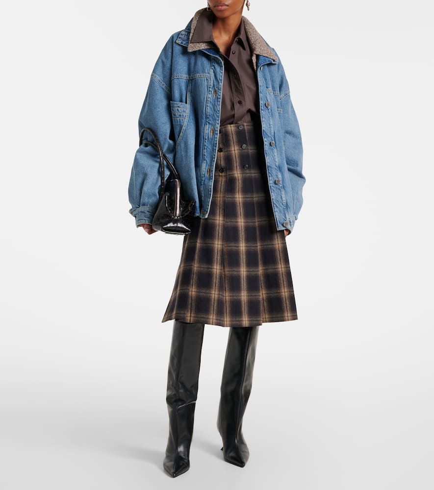 Plaid pleated cotton midi skirt