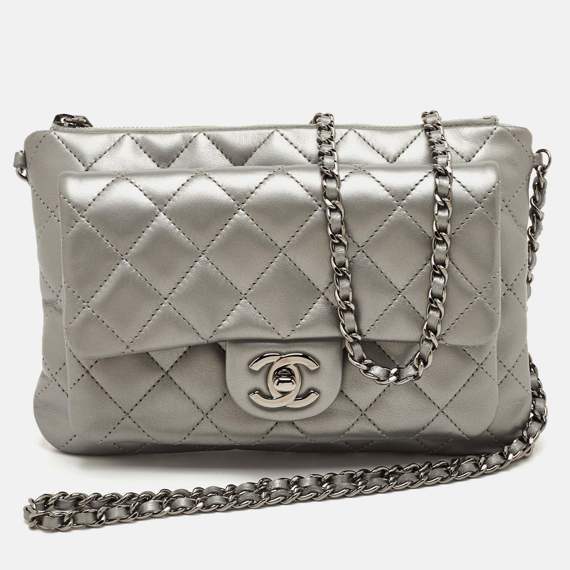 Chanel Daily Zip CC Silver Metallic Quilted Leather Crossbody Bag