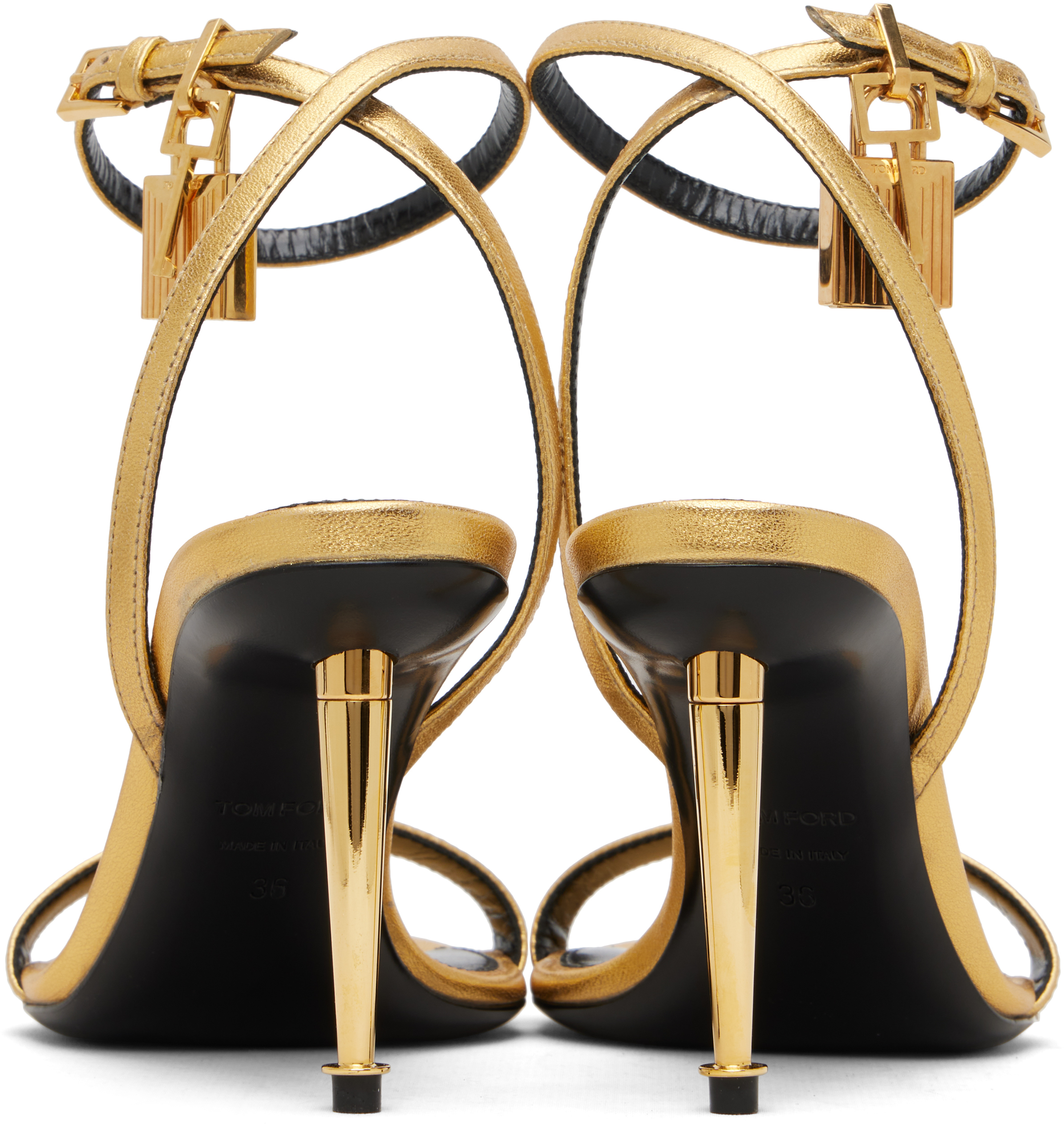 Gold Nappa Padlock Pointy Naked Heeled Sandals