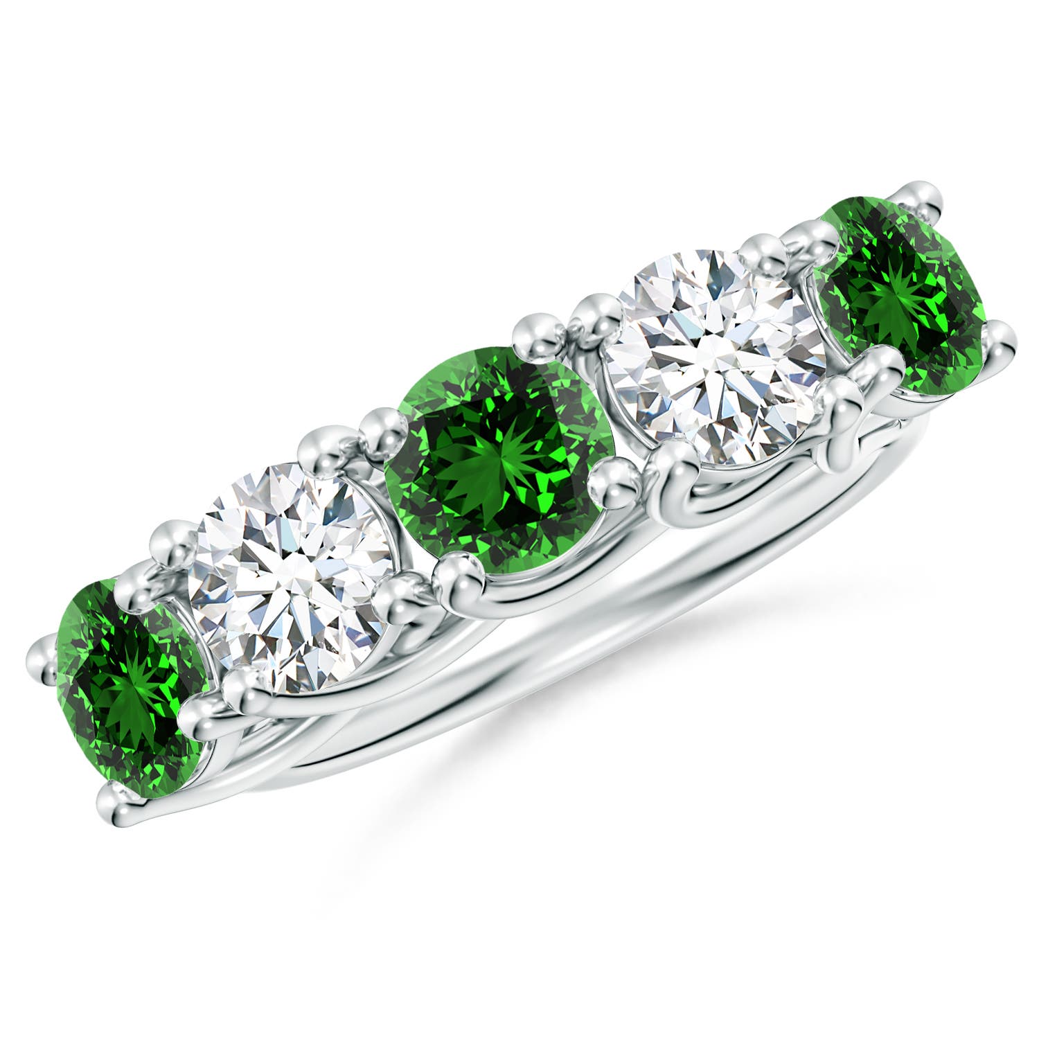 Angara 1.65 Carats Lab-Grown Half Eternity Five Stone Emerald and Lab Diamond Wedding Ring in 14K White Gold