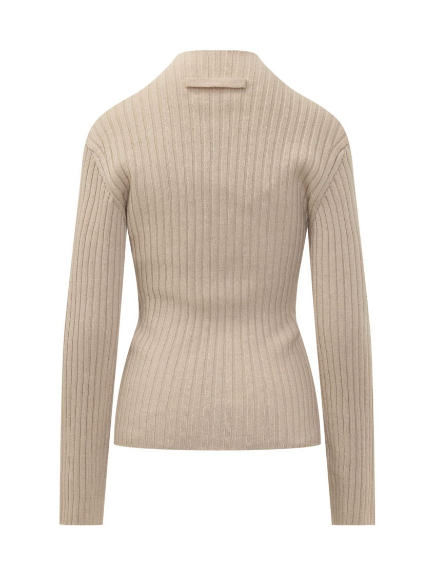 Beige Knitted Mock Collar Sweater