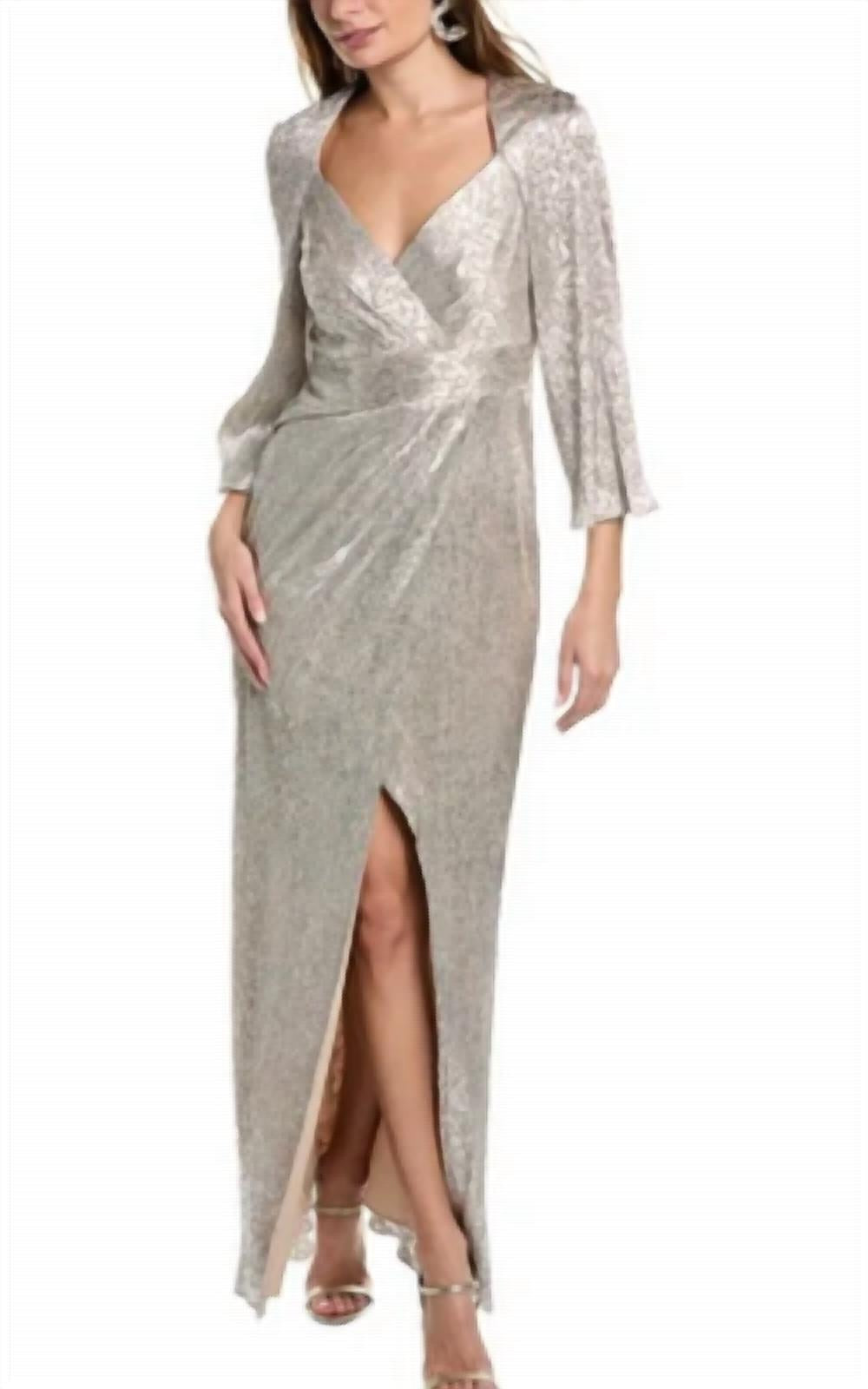 V-Neck Metallic Sleeved Gown In Silver/beige