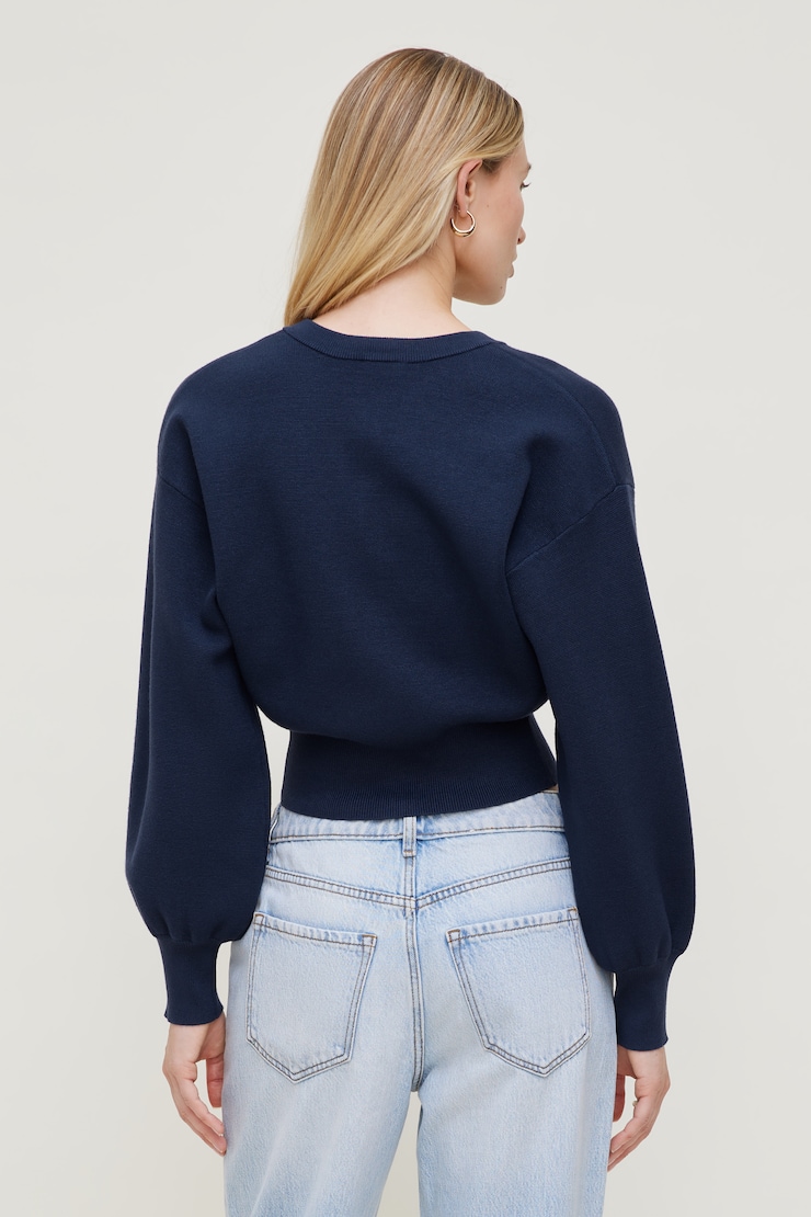 Balloon Sleeve Cardigan - Blue - Women Clothing