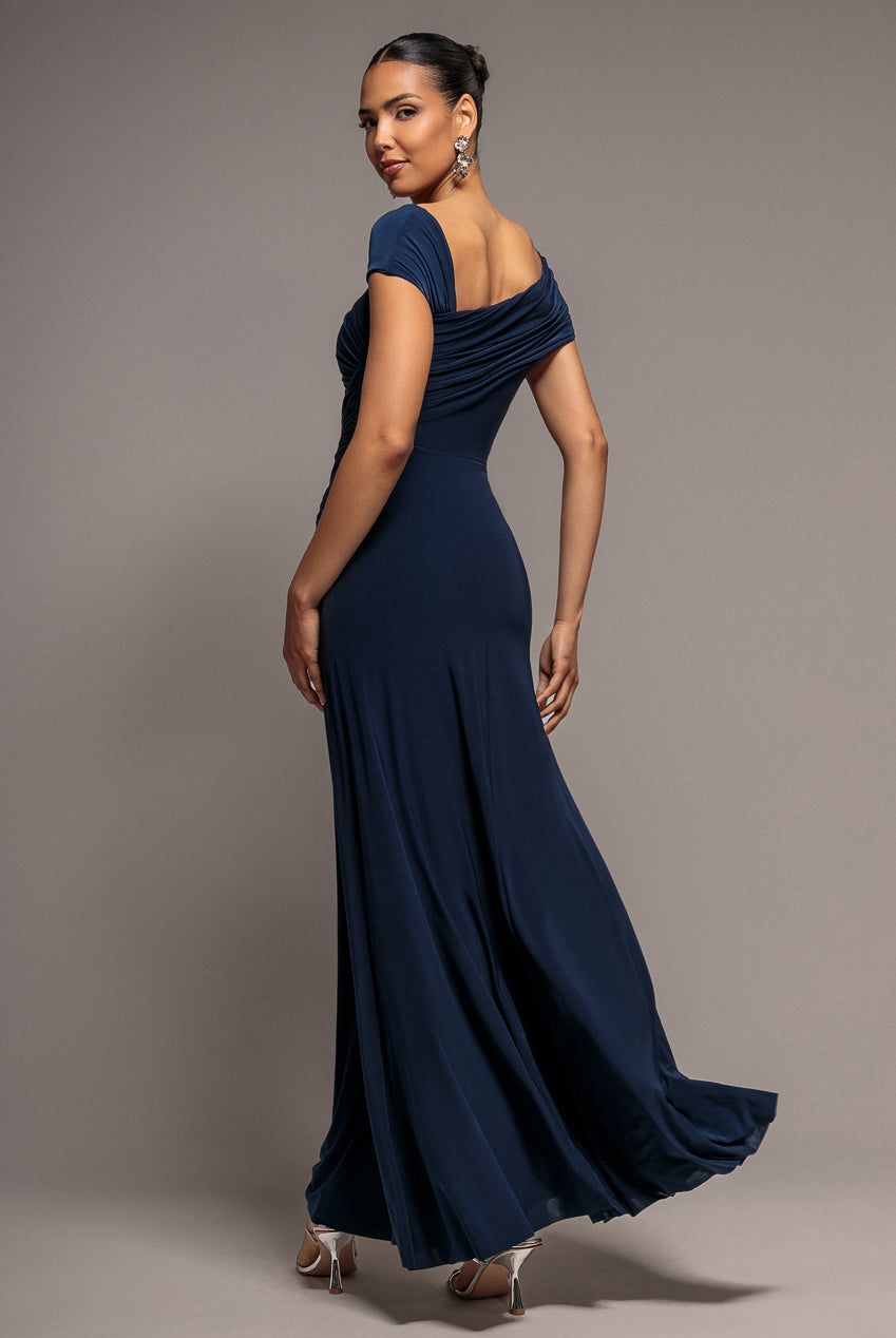 Goddiva Women's Asymmetric Neck Gathered Waist Maxi Dress in Navy