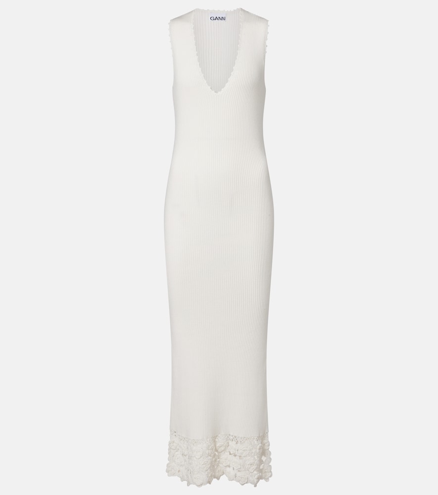 Crochet-trimmed ribbed cotton-blend midi dress