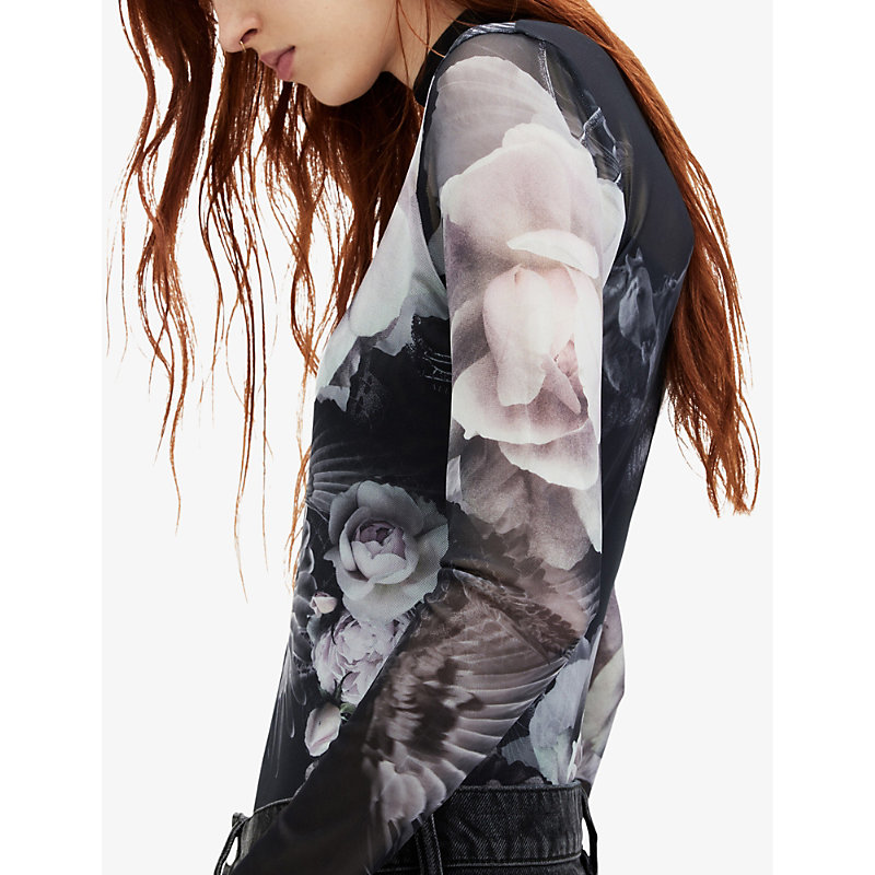 Womens Black Mono Elia Valley Graphic-print Long-sleeve Mesh Bodysuit