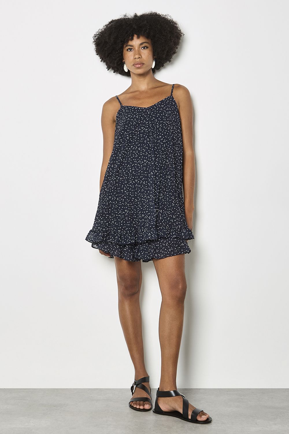 Apricot Women's Polka Dot Pleated Chiffon Cami Top in Navy