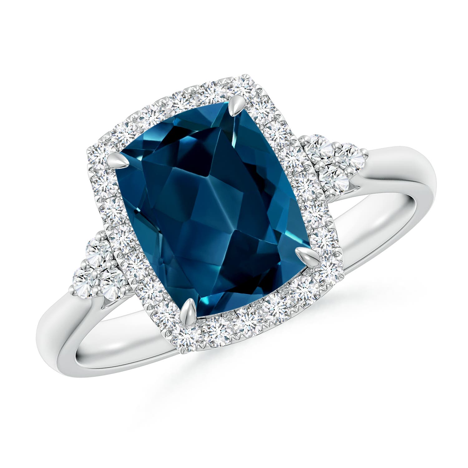 Angara 2.2 Carats Cushion London Blue Topaz Halo Ring with Trio Diamonds in Platinum