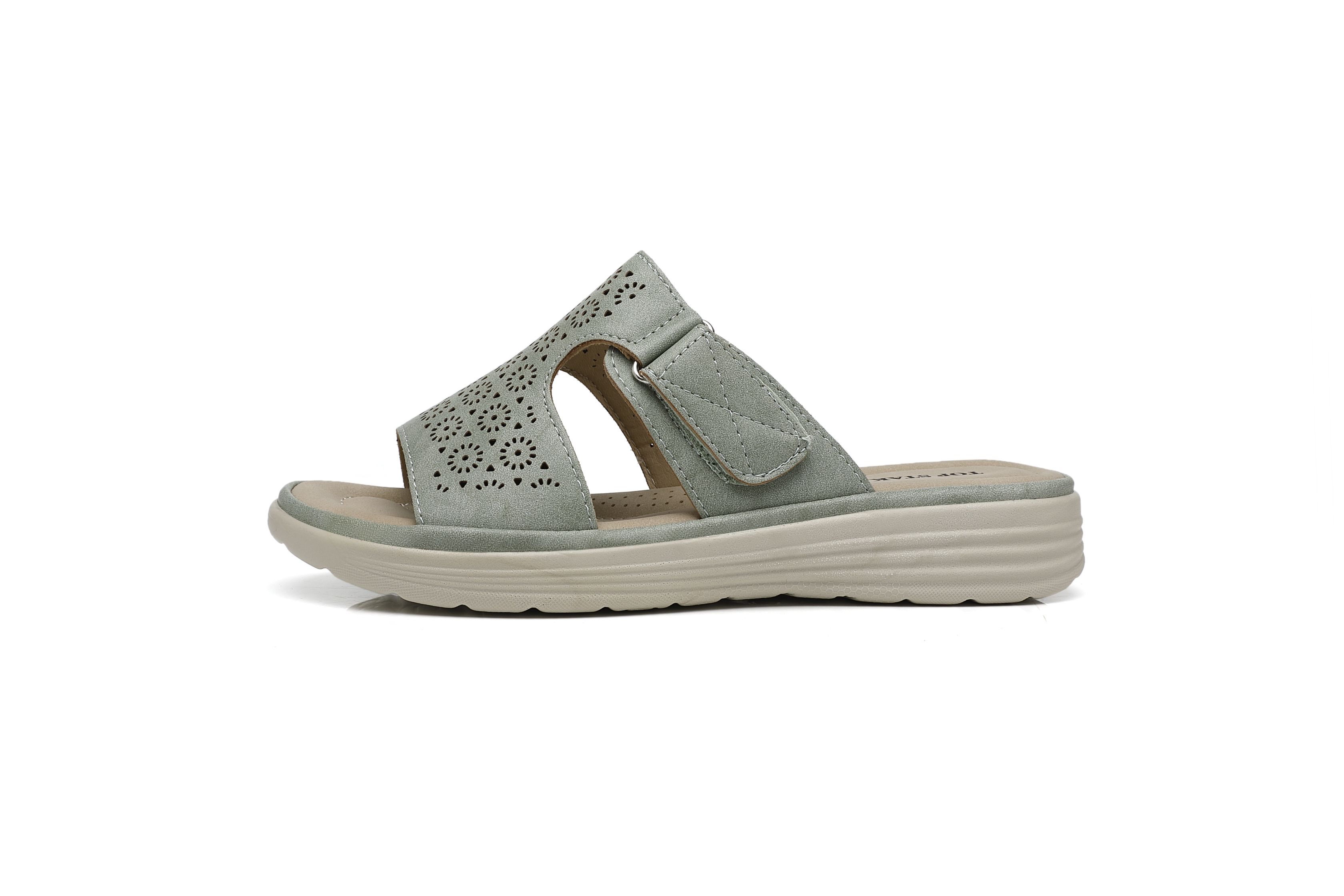 IVACHY Women's Bohemian Style Perforated Lightweight Mule Slippers Slide Sandals in Green