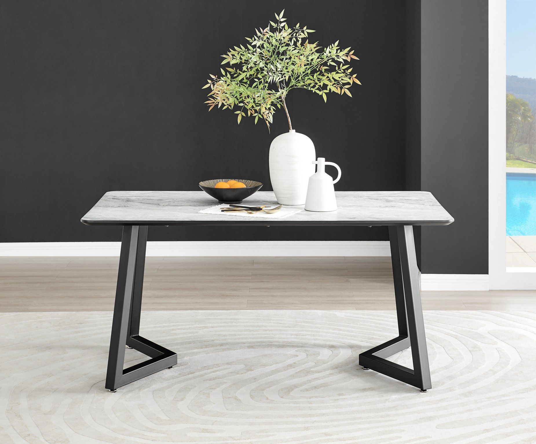 Carson White Marble Effect Dining Table & 6 Calla Black Leg Chairs