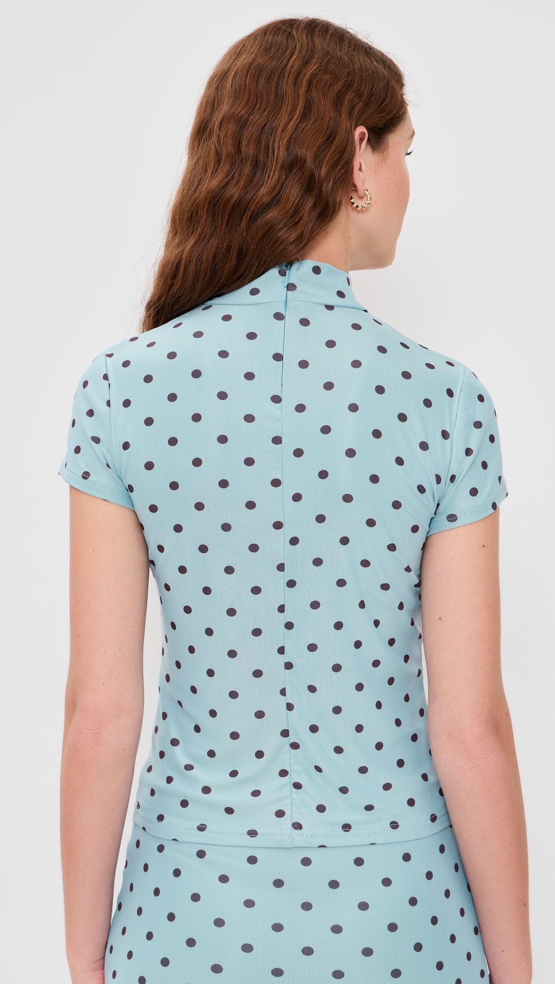 Polka Dot Mesh High Neck Top Blue/Brown