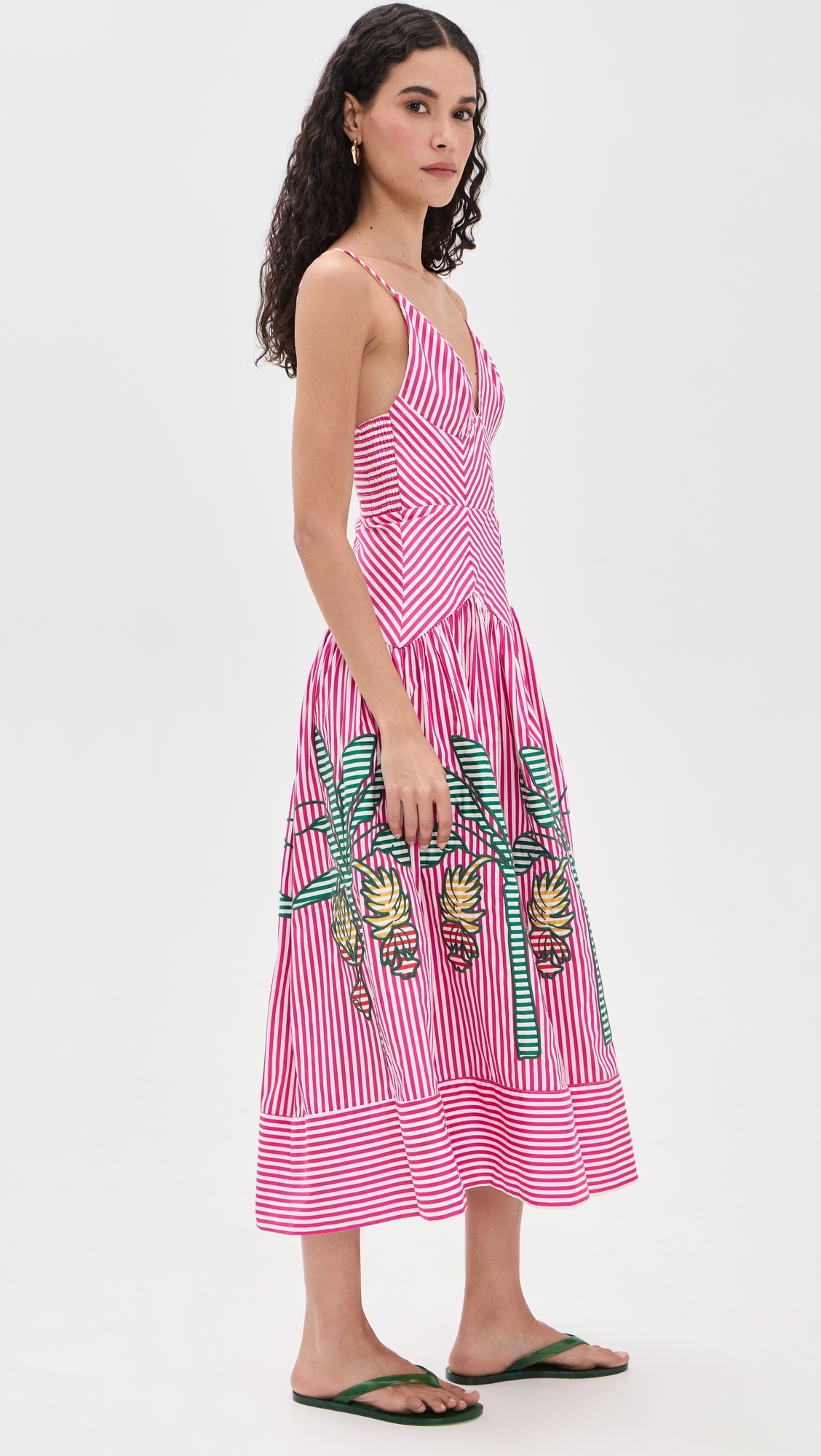 Palm Tree Cutwork Stripes Midi Dress Multi