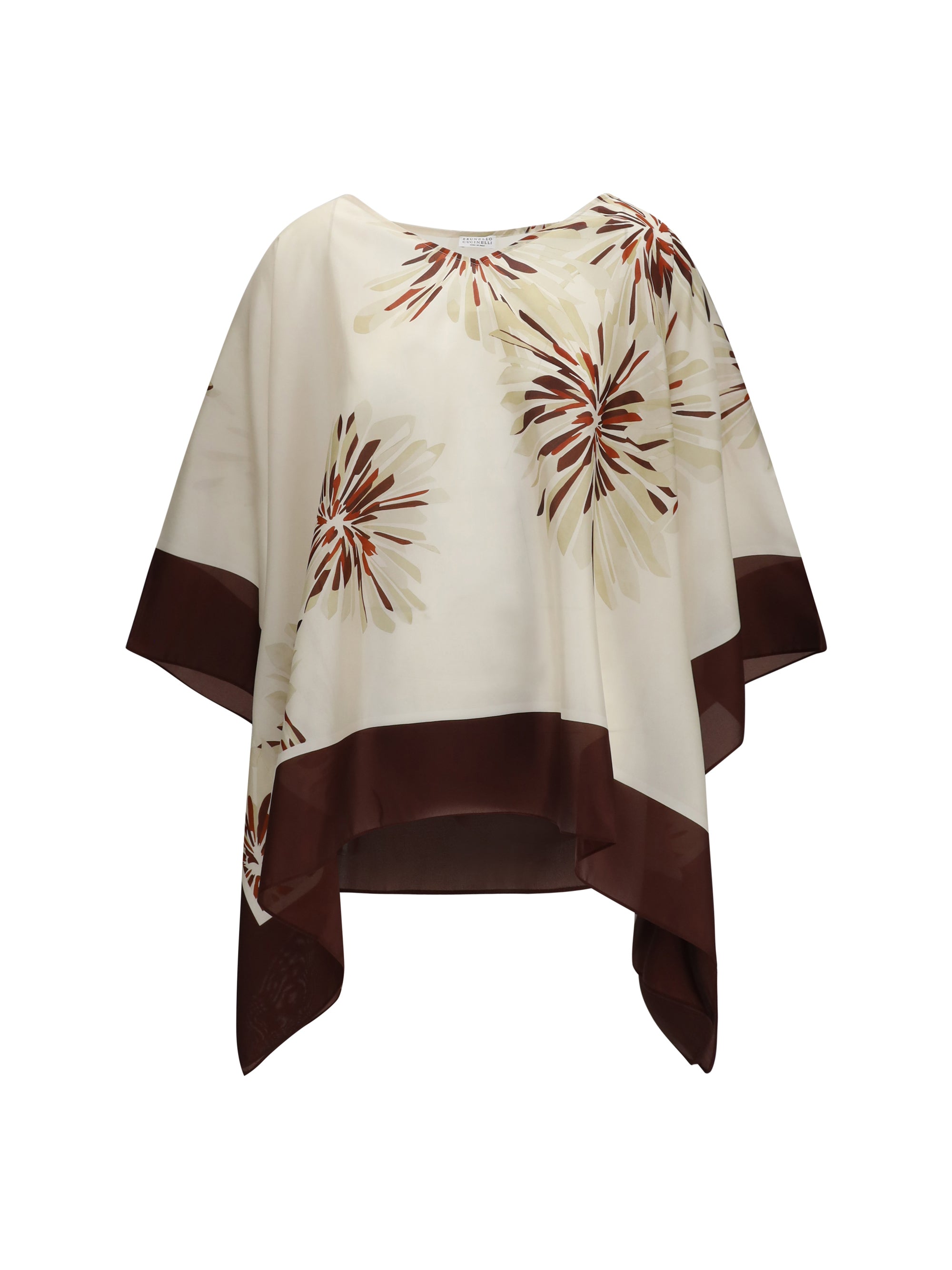 Floral-Print Silk Blouse — Beige