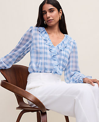 Ann Taylor Petite Gingham Ruffle Trim Blouse
