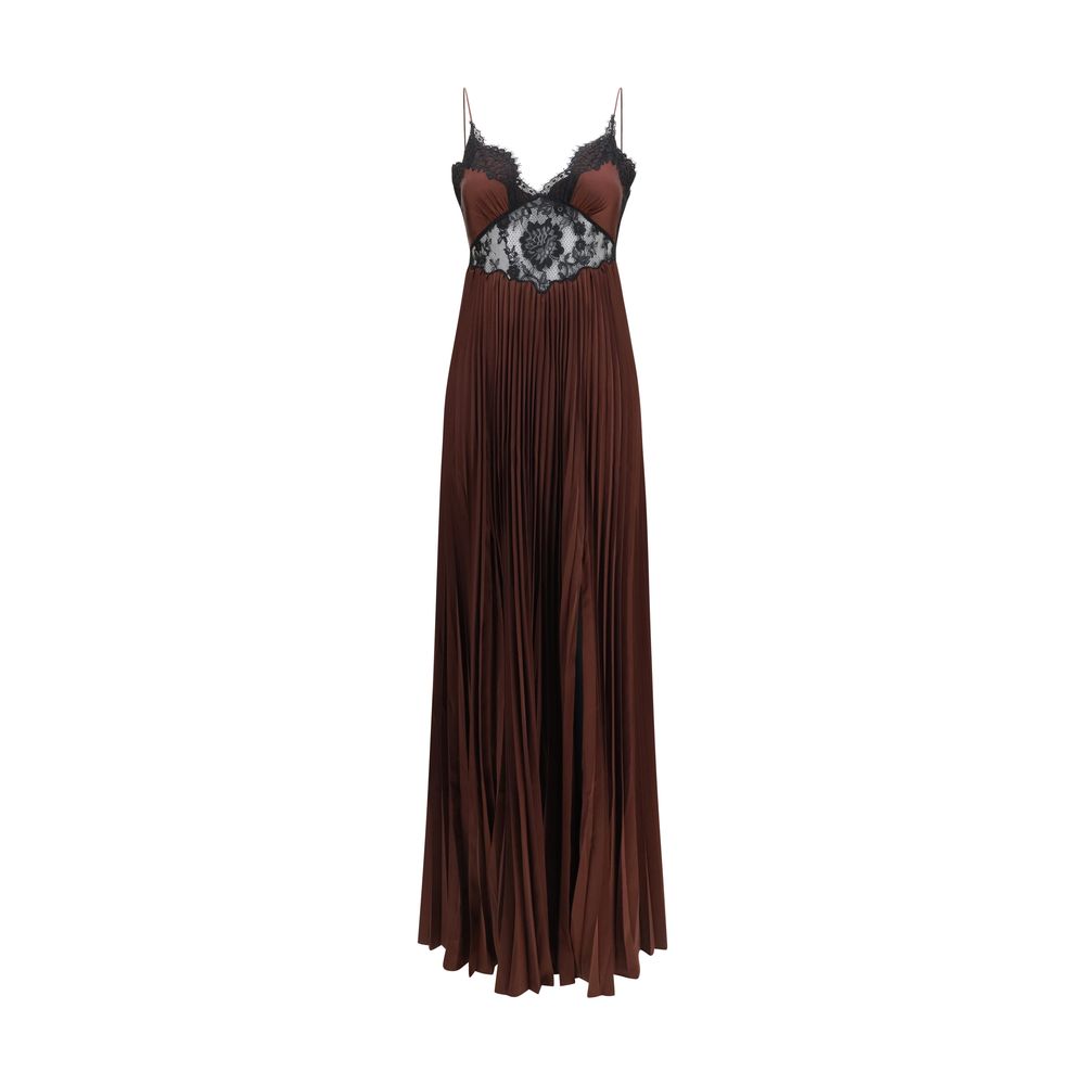 Lace-Paneled Satin Dress — Brown