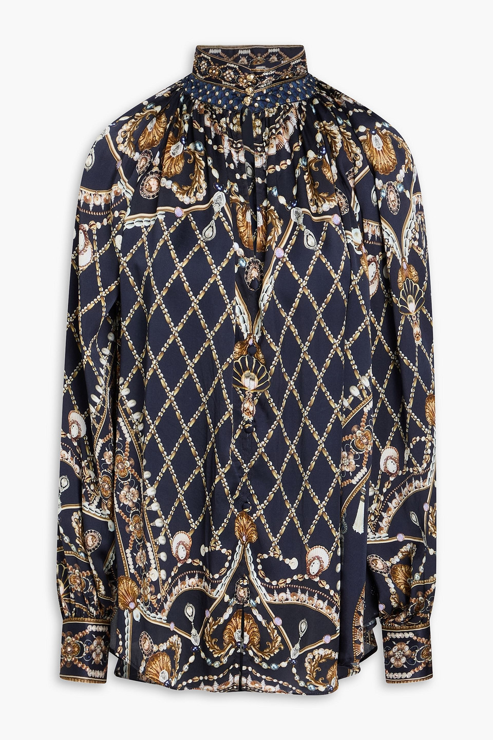 Embellished printed silk-satin blouse - Blue - XXS