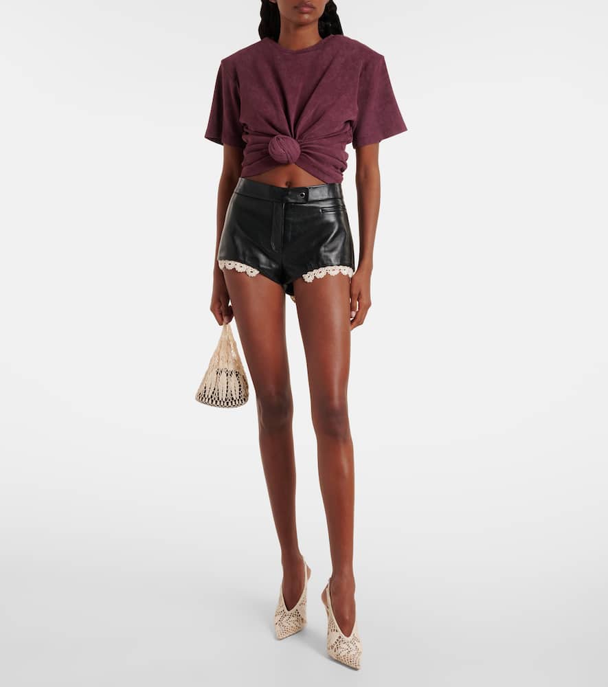 Lace-trimmed leather shorts