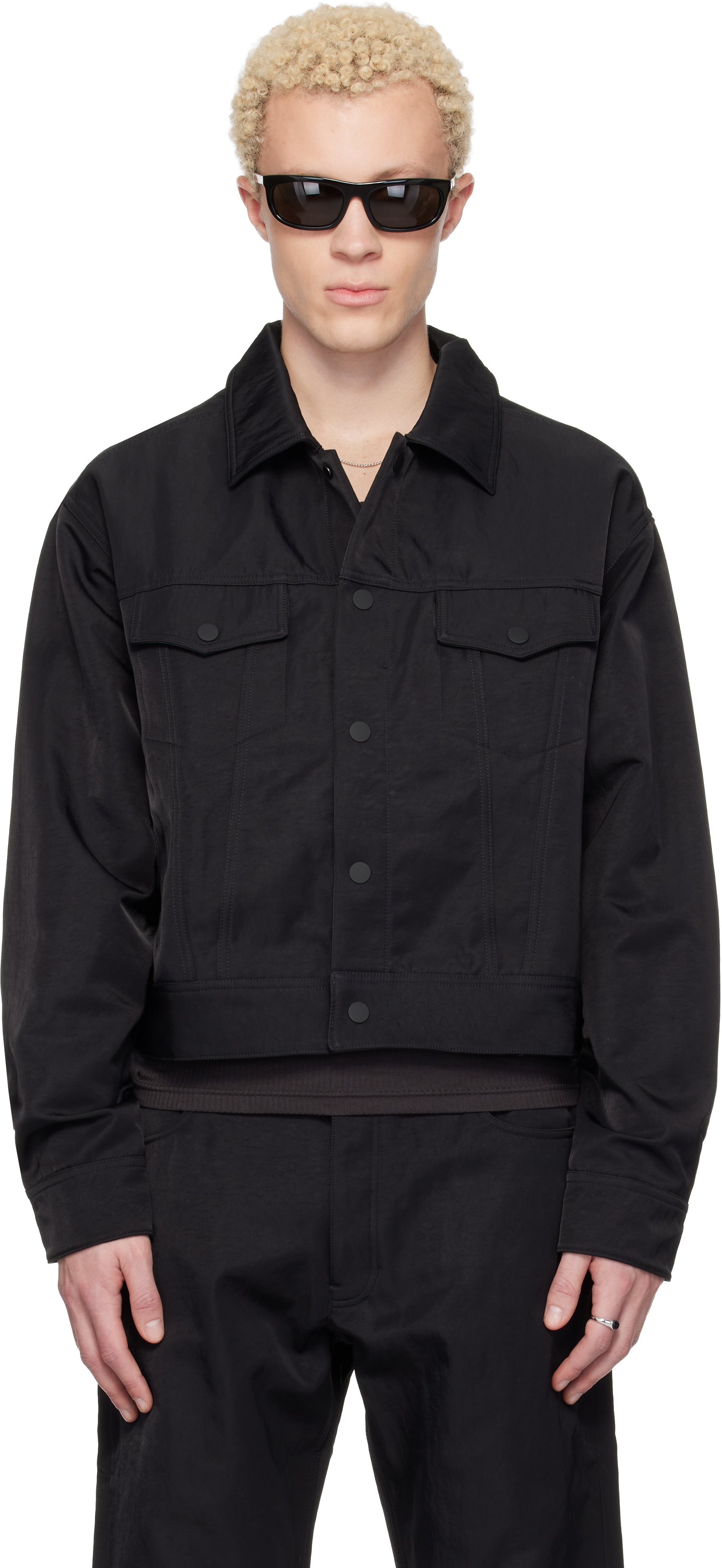 Black Textured Nylon Trucker Jacket