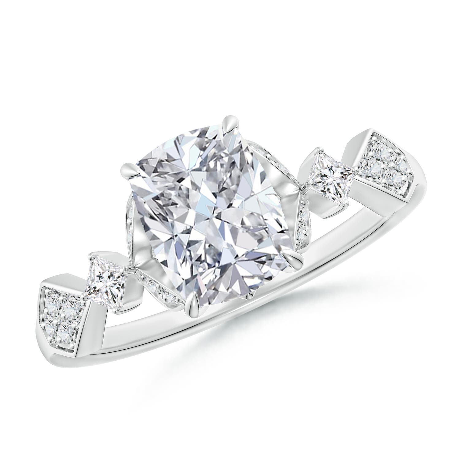 Angara 1.6 Carats Vintage Style Cushion Rectangular Diamond Engagement Ring with Leaf Motifs in 14K White Gold