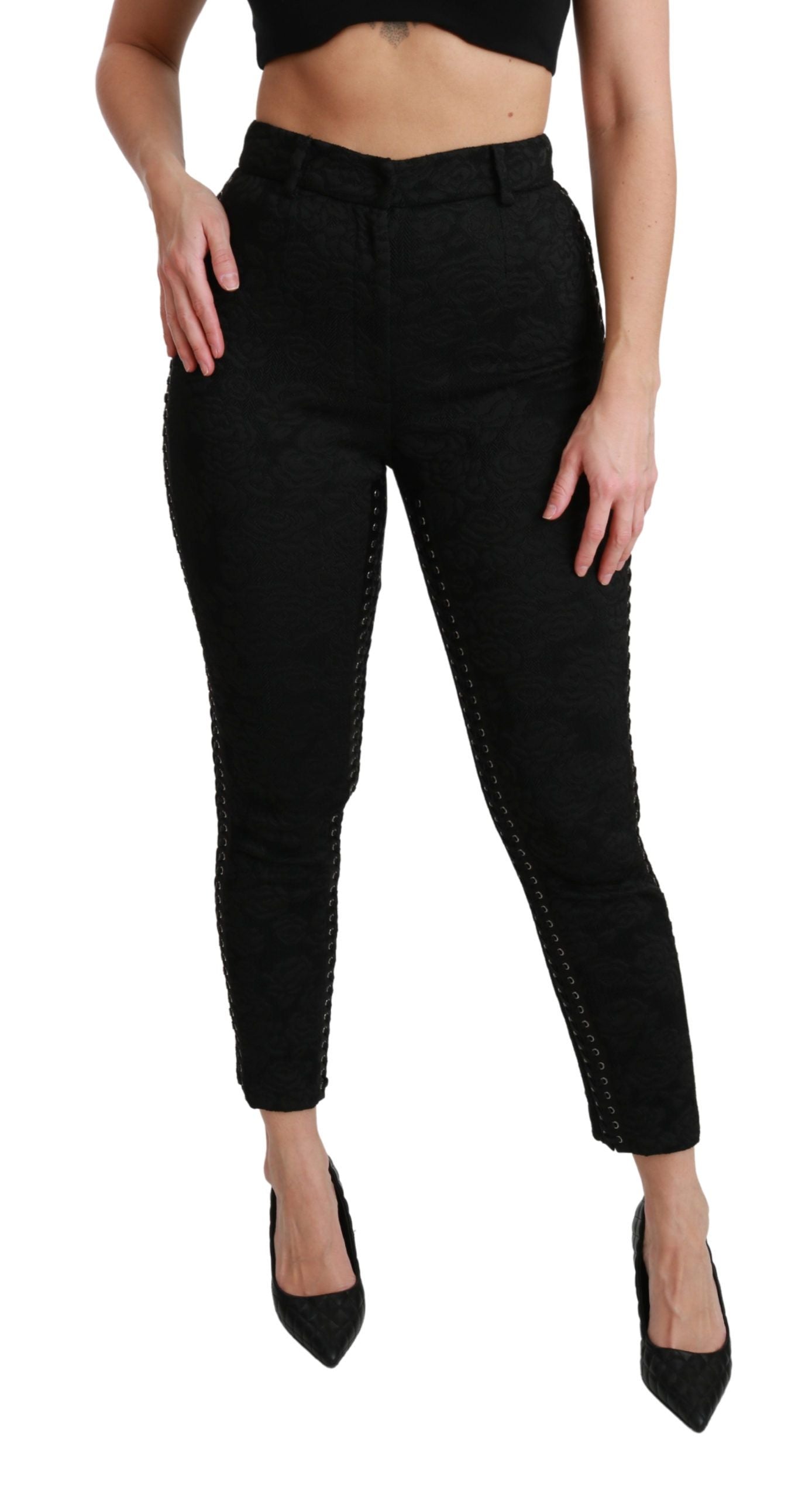 Brocade Skinny High-Waist Trousers — Black
