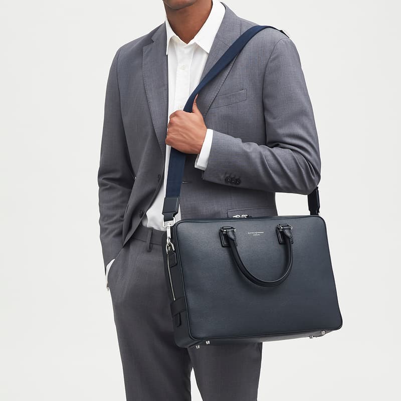 Mount Street Leather Laptop Briefcase Bag in Navy Saffiano