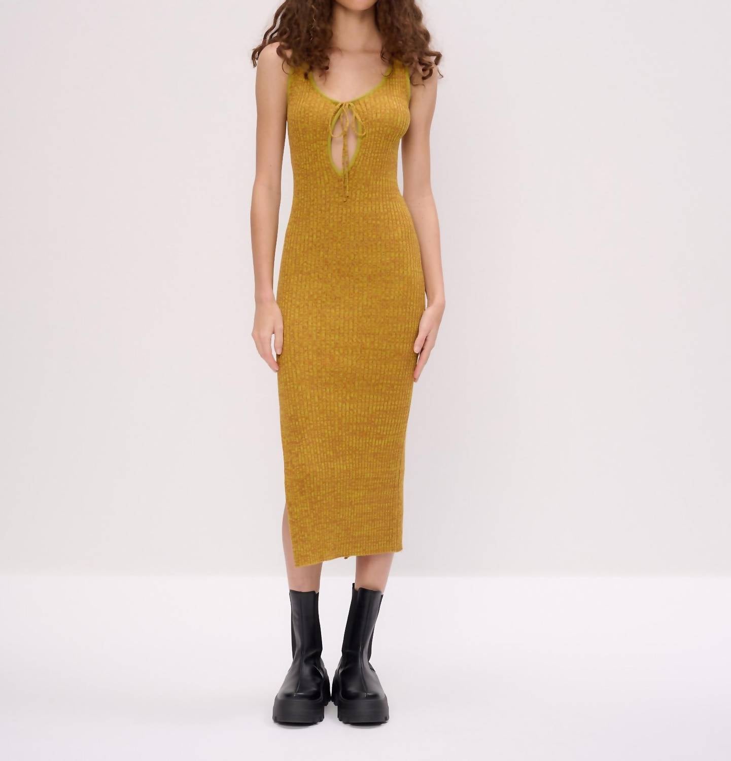 Space Dye Rib Keyhole Front Midi Dress In Yellow
