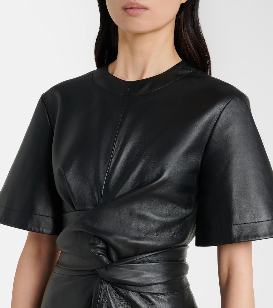 Gathered leather midi dress