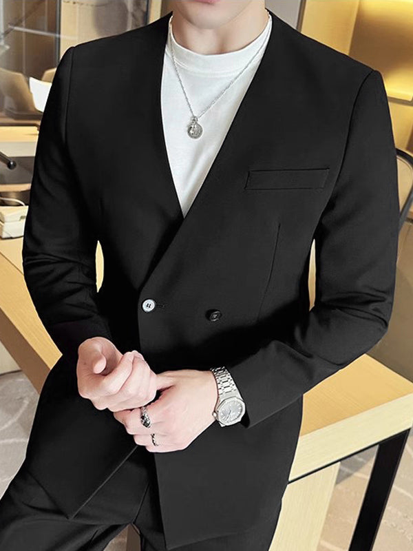 Mens Solid Color V-Neck Fitted Long Sleeve Blazer SKUK79216 - Black / S