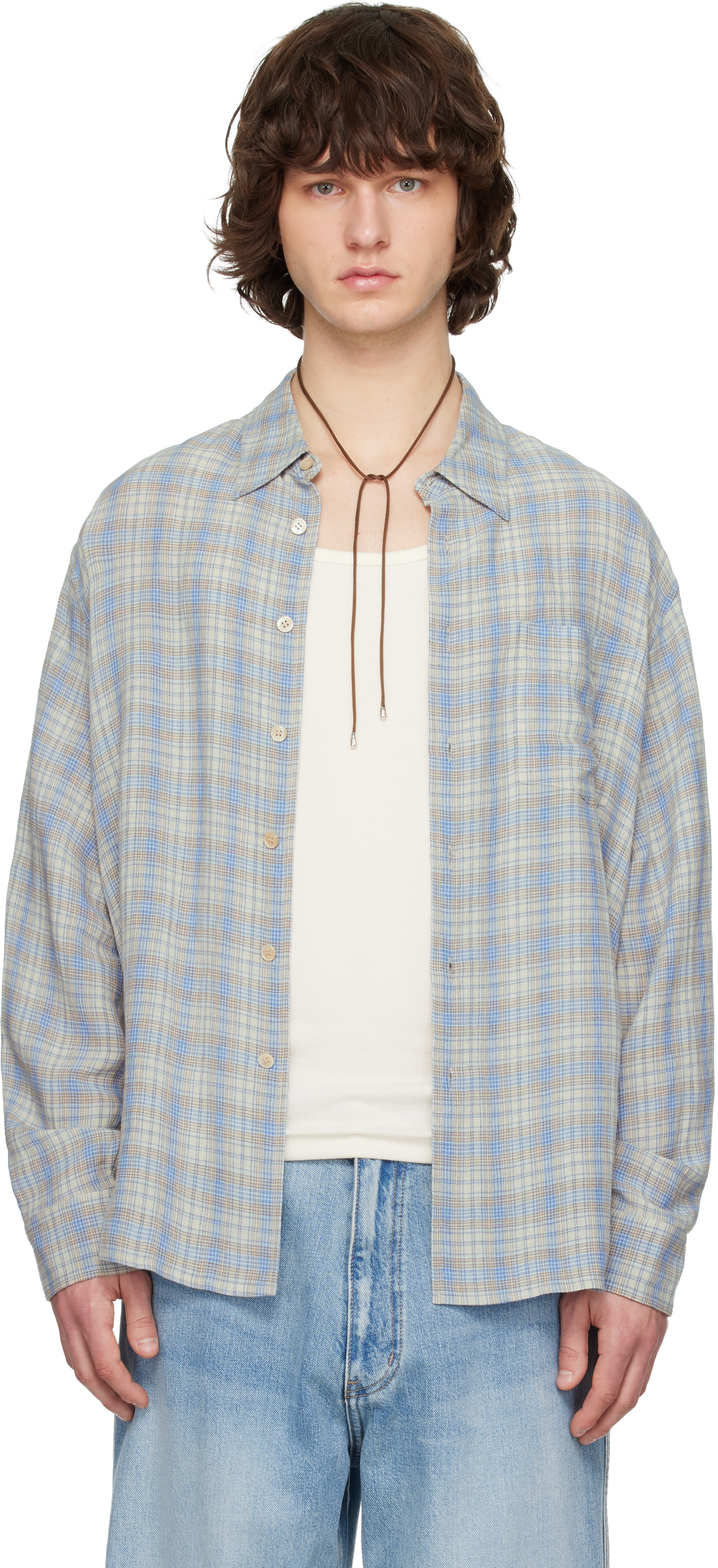 Blue Viscose Linen Check Shirt