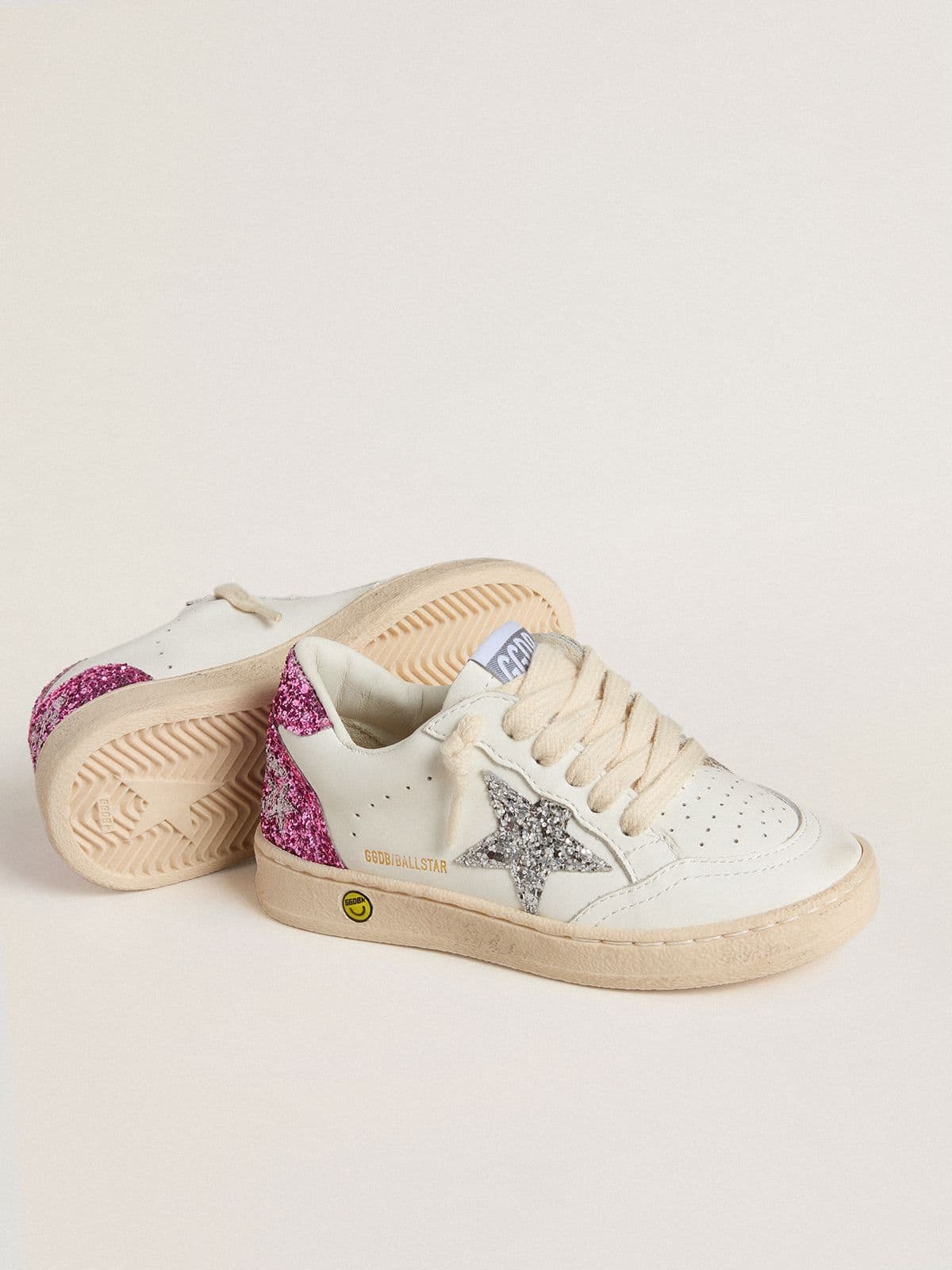 Golden Goose - Junior Ball Star With Silver Glitter Star And Pink Glitter Heel Tab