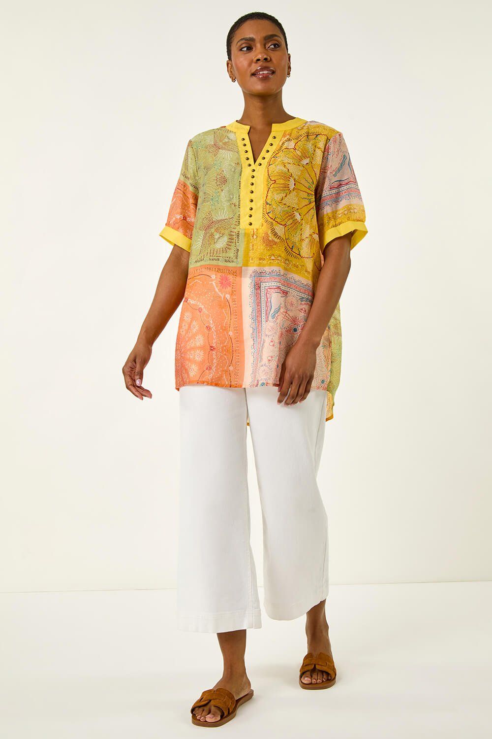 Roman Women's Patchwork Print Top in Yellow