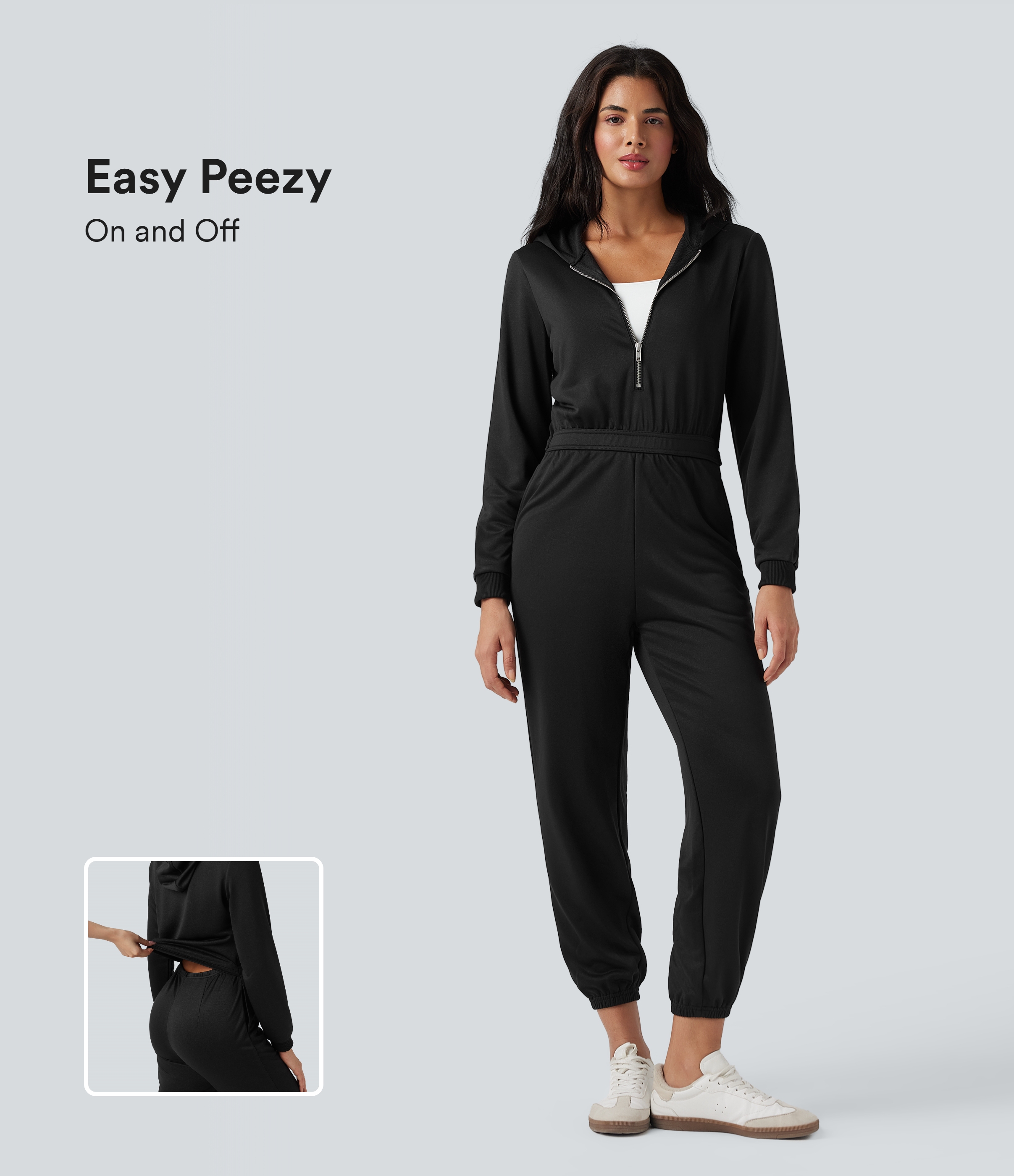 Halara Hooded Long Sleeve Casual Jogger Jumpsuit with Pockets-Easy Peezy Edition - Black - XLregular