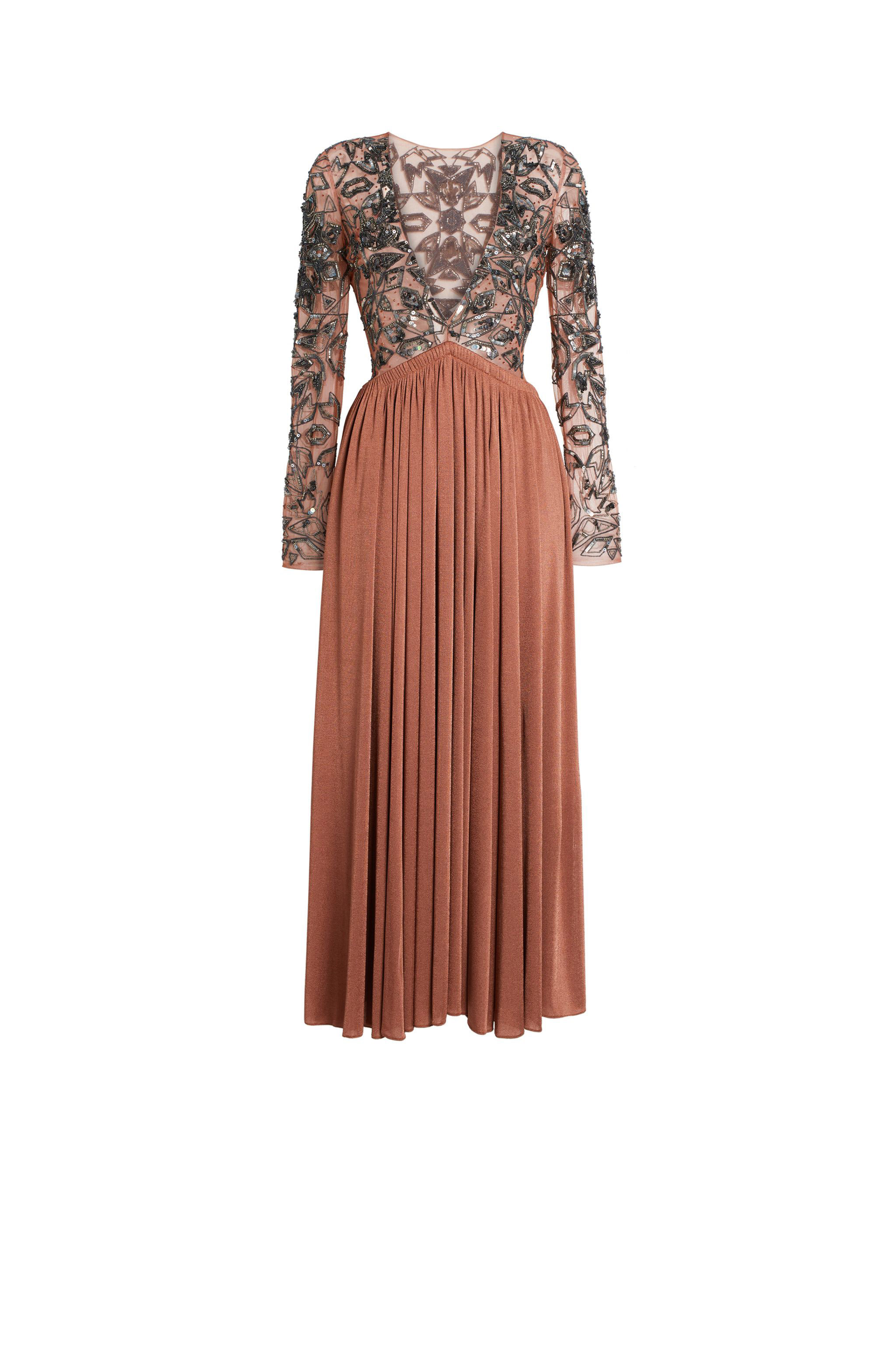 Long V-neck Sequin Embroidered Dress