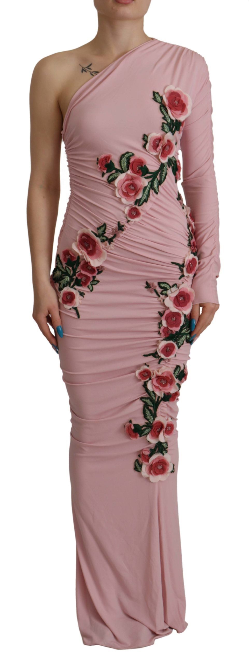 Flower Appliqué One-Shoulder Dress — Pink